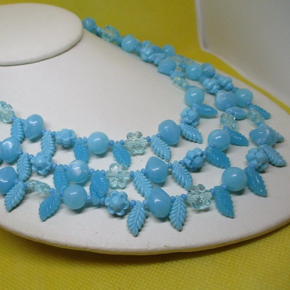SIGNED W GERMANY NECKLACE Triple Strand Blue Flower Necklace Fruit Salad Beaded - Picture 3 of 12